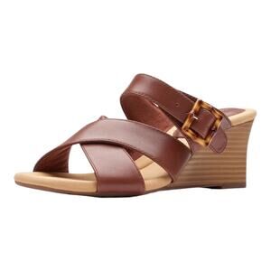 Clarks 7M Kyarra Judi sleek wedge cork heel Crisscross brown strap tan buckles